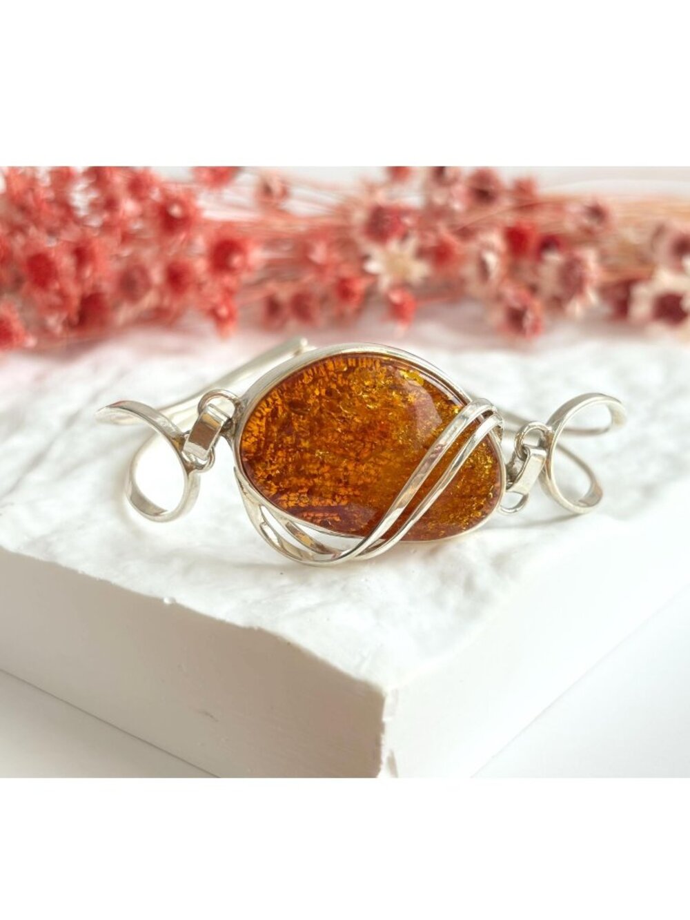 Baltic Amber Modernist Swirly Vintage Sterling Silver 925 Bangle Bracelet